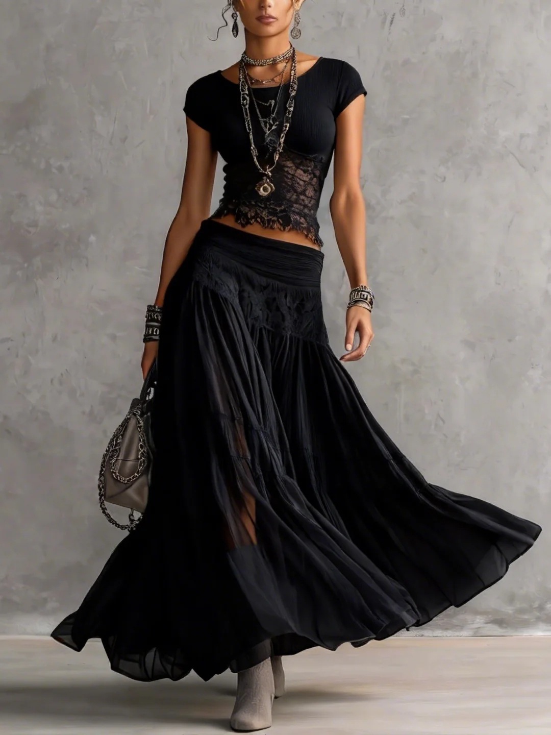 Summer Clothing Y2K - Set Atasan Rajut Abu-abu + Gaun