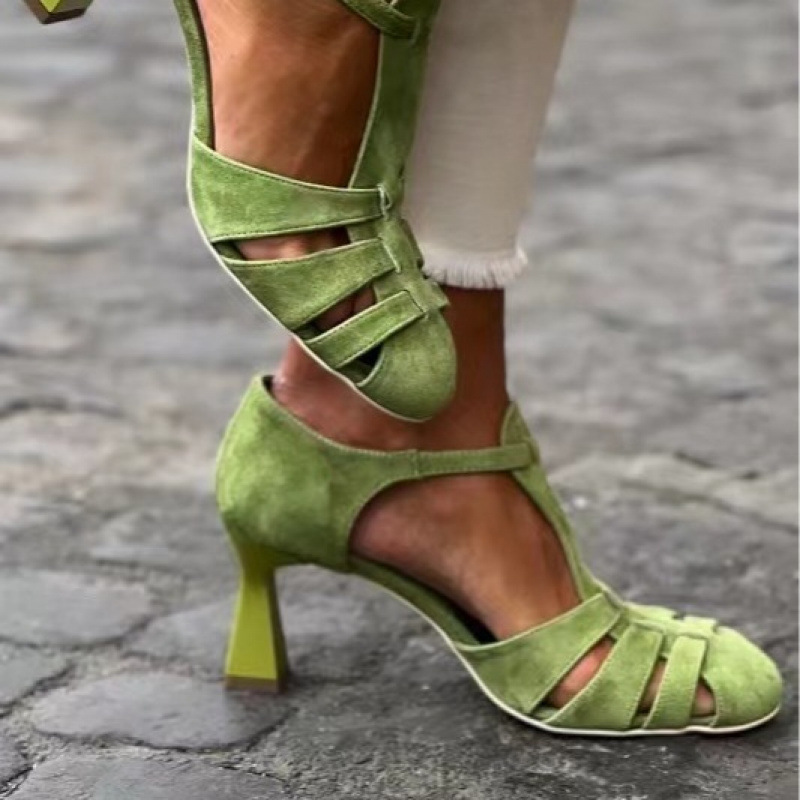 Summer Closet - Sandal Wanita Hijau Suede Kitten Heel